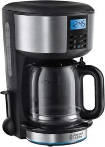 Russell Hobbs Buckingham Filter Coffee Machine, 1.25L Carafe/10 cups, 1-4 Cup brewing option, Fast brew, 24hr timer, 40min keep warm, Pause & Pour, Washable filter, Auto clean