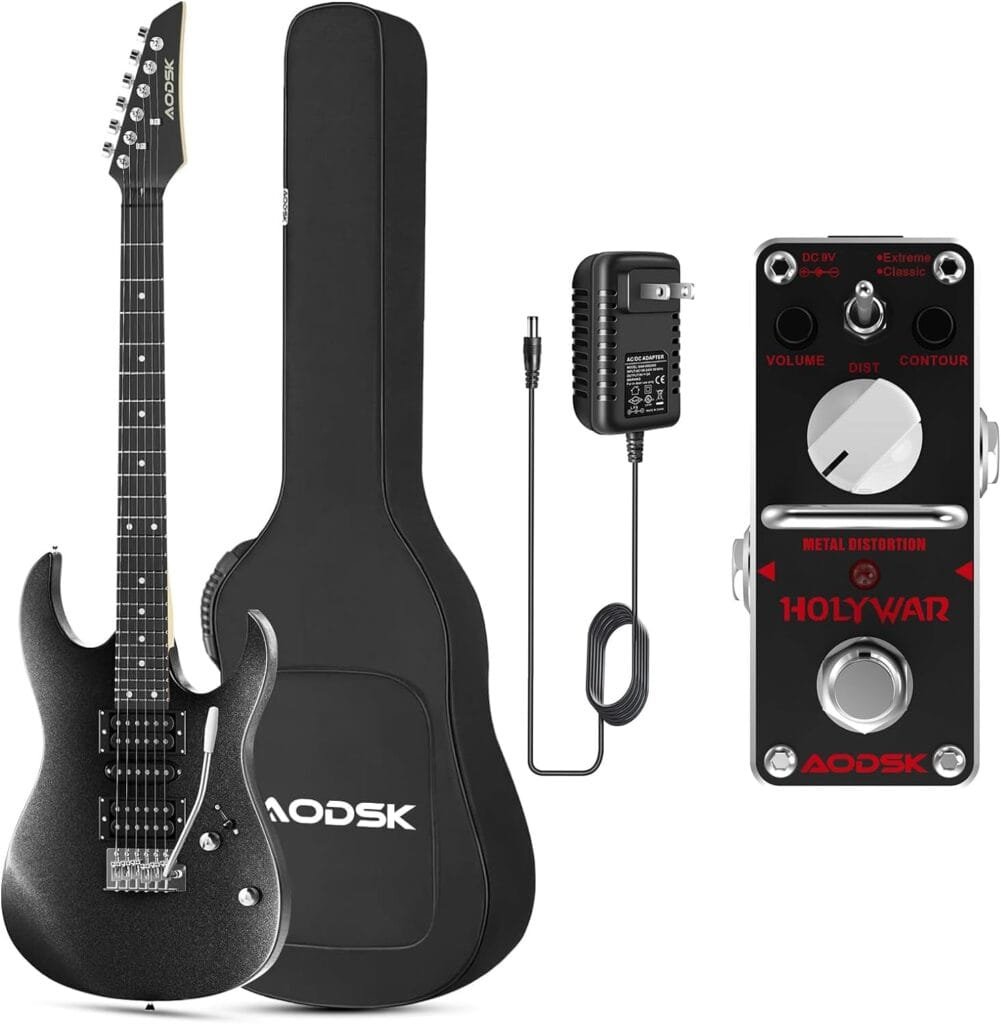 ADOSK Electric Guitar,39" Beginner Electric Guitar Kit,Black+AODSK Distortion Guitar Effect Pedal, Metal Distortion 2 Modes Classic