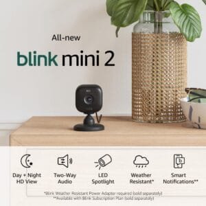 Blink Mini 2 — Plug-in smart security camera, HD night view in color, built-in spotlight, two-way audio, motion detection