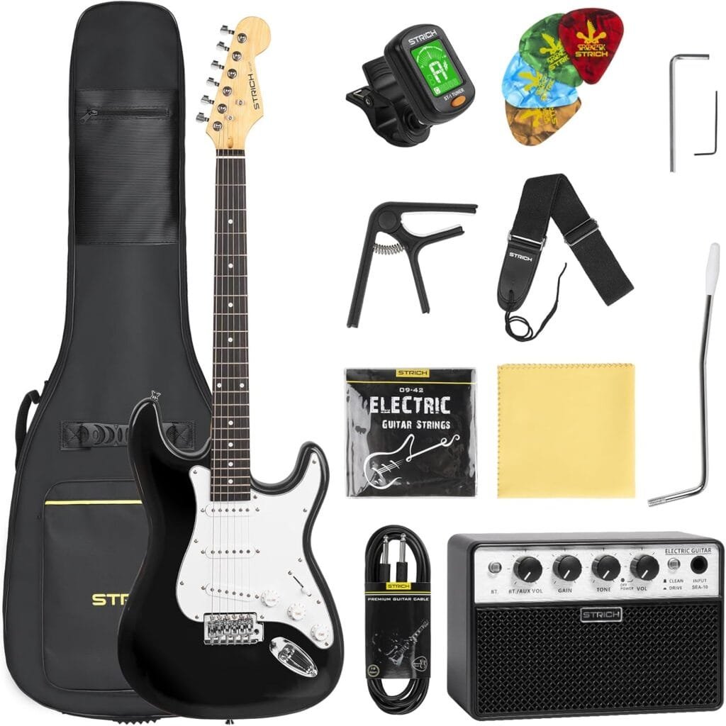 STRICH Electric Guitar Beginner Kit, Solid Body 39" Full Size Electric Guitar SSS Pick Up for Starter, with 10W Amp, Bag, Digital Tuner, Capo, Strap, String,Cable, Picks