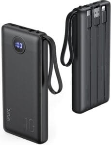 VRURC 10000mAh Power Bank With Built in Cables,USB C Battery Pack Portable Charger with 5 Outputs 2 Inputs Powerbank LED Display compatible with iPhone 14 13 12 Samsung S21 S20 Xiaomi
