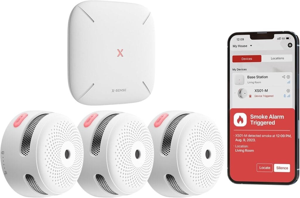 X-Sense Wi-Fi Smoke Alarms for Home with SBS50 Base Station, Wireless Interlinked Smart Smoke Alarm Home Security System, Smart Fire Alarm, Compatible with X-Sense Home Security APP, FS31