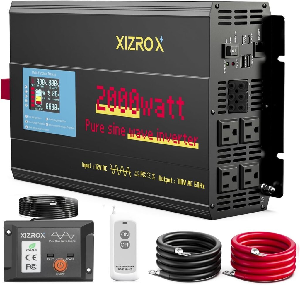 2000W Pure Sine Wave Inverter,12V DC to 110V AC Inverter, 9 Port with 4 AC :2 USB: 2 Type C 60W+45W Fast Charging, LED Display, Wireless:Wired Remote Control for Camping, Outdoor, RV