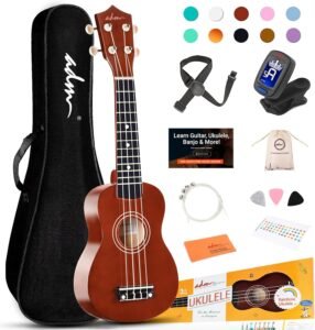 ADM Soprano Ukulele for Beginners 21 Inch Hawaiian Wood Ukelele Kit for Kids Adult Student Starter Professional Ukalelee Pack Bundle with Free Lessons Gig Bag Strap Nylon String Tuner Pick