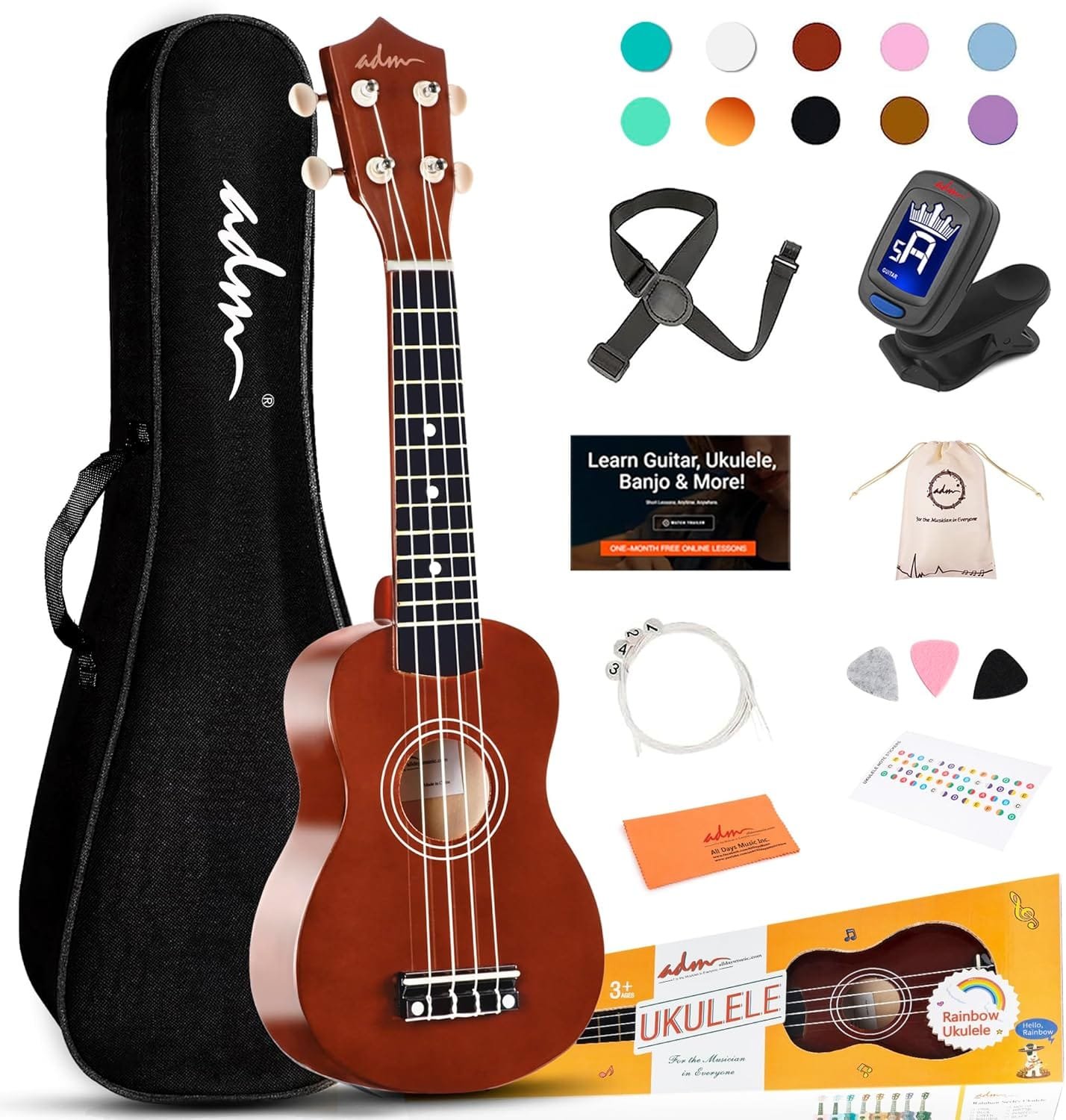 ADM Soprano Ukulele for Beginners 21 Inch Hawaiian Wood Ukelele Kit for Kids Adult Student Starter Professional Ukalelee Pack Bundle with Free Lessons Gig Bag Strap Nylon String Tuner Pick