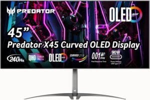 Acer Predator X45 Gaming Monitor 44.5 Inch (113 cm Screen) QHD, 240Hz DP/Type-C, 100Hz HDMI, 0.03ms (GTG), 2xHDMI 2.0, DP 1.4, Curved, Height-Adjustable, FreeSync Premium