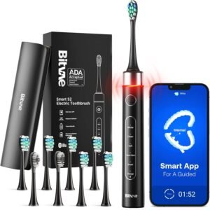 Bitvae Smart Ultrasonic Whitening Electric Toothbrush for Adults - Bluetooth Electric Toothbrush with Pressure Sensor & Smart Timer, ADA Accepted Rechargeable Toothbrush, 8 Brush Heads, Black S2