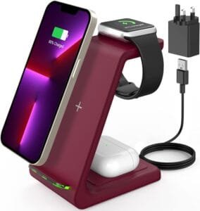 GEEKERA Wireless Charger, 3 in 1 Charging Station for iPhone 13/12/11/Pro/Pro Max/XS Max/XR/8 Plus, Qi-Certified Phone Watch Charger for iWatch 2-7, Docking Station for AirPods Pro/3/2(with Adapter)