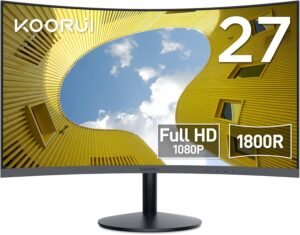 KOORUI Curved Monitor – 27 Inch (61 cm) FHD Curved Computer Monitor, VA Panel, 75 Hz, 1800R Curvature, Tilt Adjustment, Eye Care, HDMI, VGA Gaming Monitor