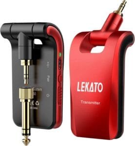 LEKATO 2.4GHz Wireless Guitar System 6 Channels Rechargeable Wireless Transmitter Receiver for Guitar Bass, Guitar wireless System, Stereo and Mono 1/4” & 1/8” 2 in 1 Plugs