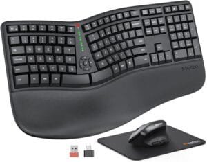MEETION Ergonomic Wireless Keyboard and Mouse, Ergo Keyboard with Vertical Mouse, Split Keyboard with Cushioned Wrist, Palm Rest, Natural Typing, Rechargeable, Full Size