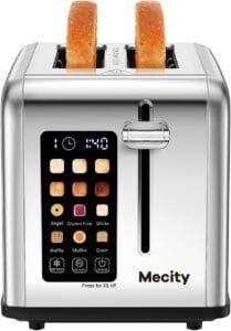 Mecity 2 Slice Toaster Touch Screen 1.5" Wide Slot, Stainless Steel Smart Bread Toaster for Bagel Muffin Waffle Gluten Free Breads, Timer, Defrost, Reheat