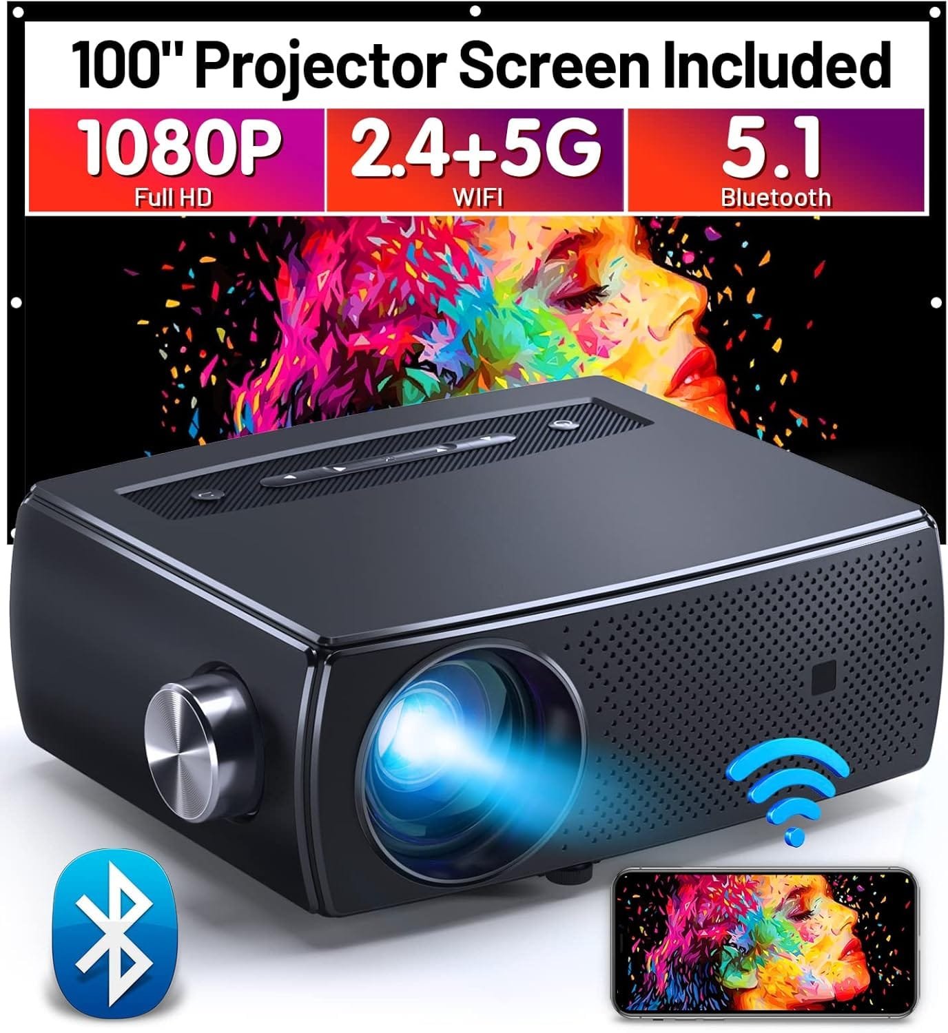 Mini Projector 1080P Full HD, ClokoWe 5G WiFi Bluetooth 15000L Portable Projector 4K Supported with 100“ Screen, Home & Outdoor 300" LED Movie Video Projector for TV Stick, Android, iOS