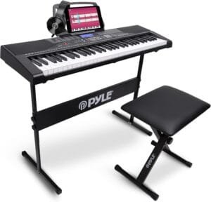 Pyle 61 Keys Digital Electronic Piano Keyboard with Bluetooth, Preset Selectable Tones, Digital LCD, Portable Musical Karaoke Electric Pianoforte, Includes Stand, Stool, Book Rack, and Headset