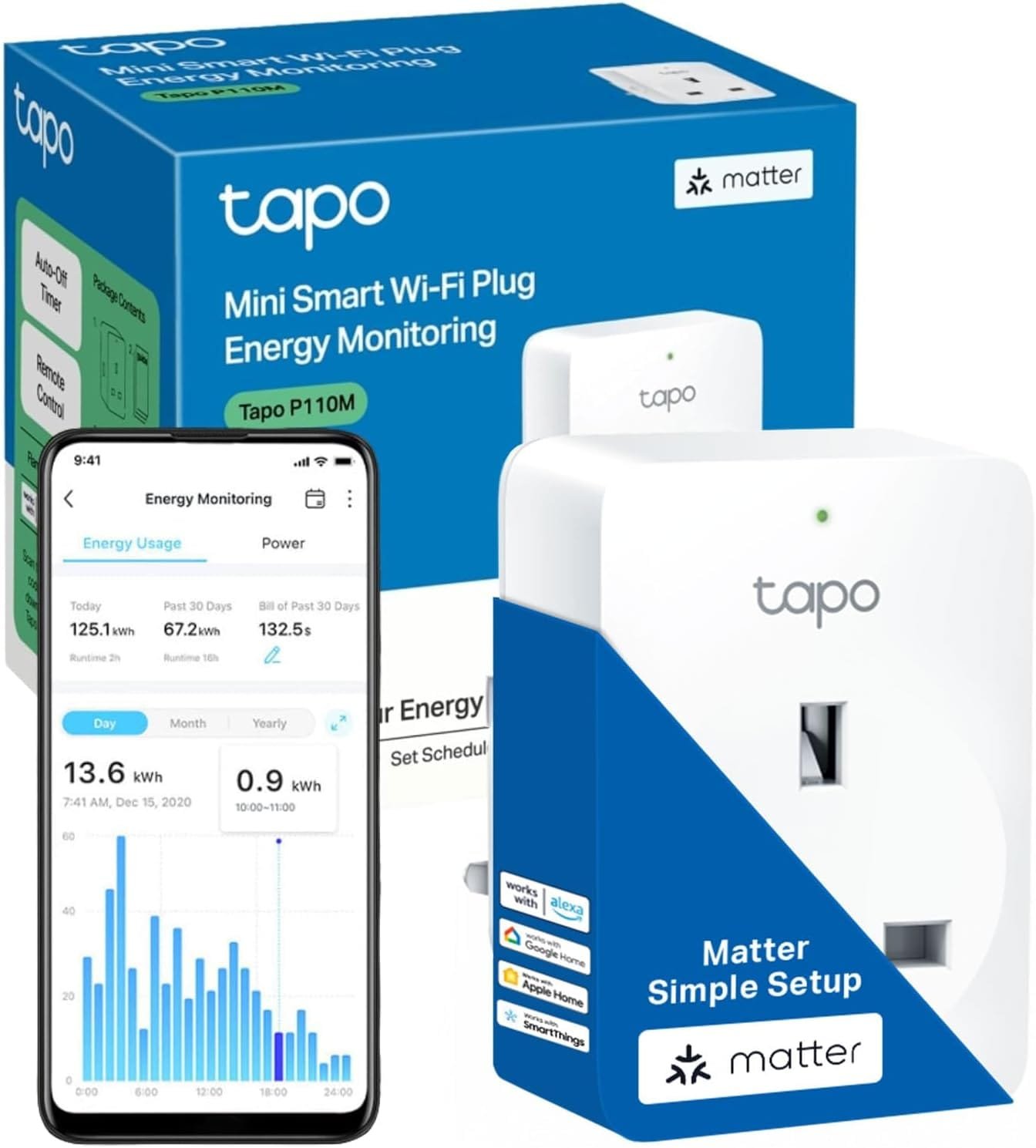 Tapo WiFi App Control Smart Plug, Energy Monitoring & MATTER Compatible Alexa Plug, Works with Alexa, Google, Apple HomeKit, Smart things, Device Sharing, Smart Plugs That Work With Alexa