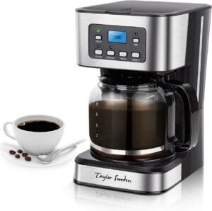 Taylor Swoden 12-Cup Programmable Coffee Maker, Regular & Strong Brew Drip Coffee Machine for Home and Office, Glass Carafe, Pause & Serve, Auto Shut Off