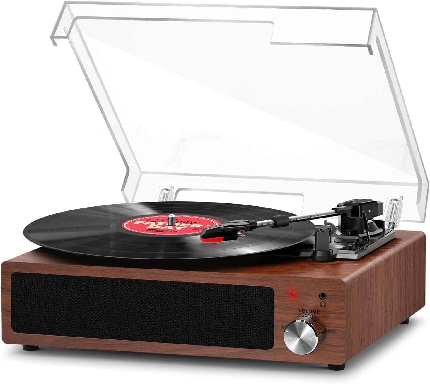 FYDEE Vinyl Record Player, Bluetooth Record Player, Vintage Turntable with Built-in Stereo Speaker and 3-Speed 33/45/78 rpm, RCA Output, AUX Input, Walnut