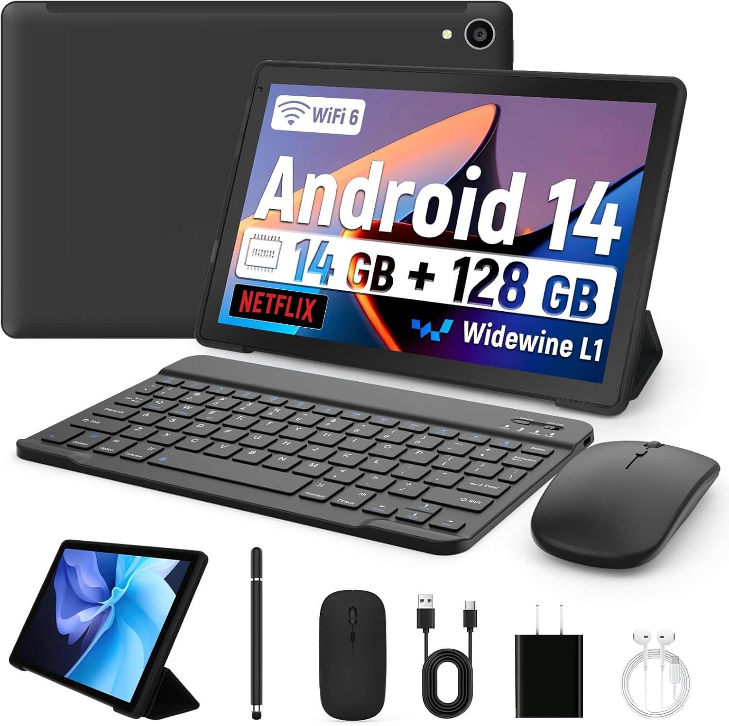 Whitedeer 10 inch Tablet Android 14, 14(4+10) GB+128GB, Octa-Core Tablet, 800 * 1280 HD丨WiFi 6丨BT 5.0丨5000mAh丨5MP+8MP, Widevine L1, Tablet with Keyboard丨Mouse丨Stylus丨Tablet Case丨 Headphone(