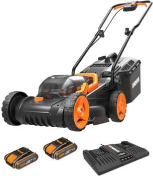 Worx WG779E.2 40V 34cm Cordless Lawnmower – Ideal for Small to Medium Gardens (Up to 400㎡) – Includes 2x 2.0Ah Batteries & Charger – Cut-to-Edge, Striped Lawn Roller, Foldable Handle, PowerShare