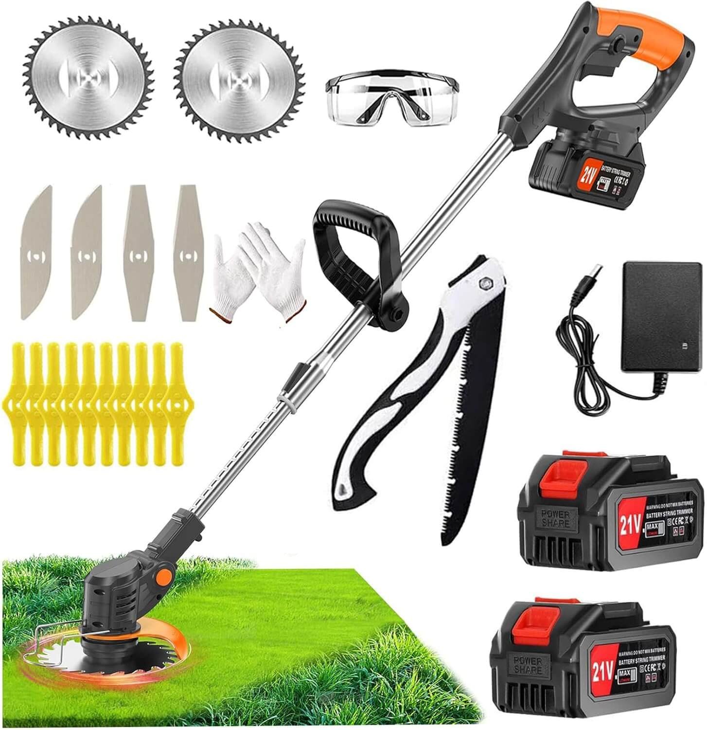 21V Cordless Strimmer Battery Strimmer & Garden Strimmer with 2 Batteries, 3 Blades Grass trimmer - Battery Powered Yard Tool For Lawns and Farmland, DIY Garden, Lawn Care