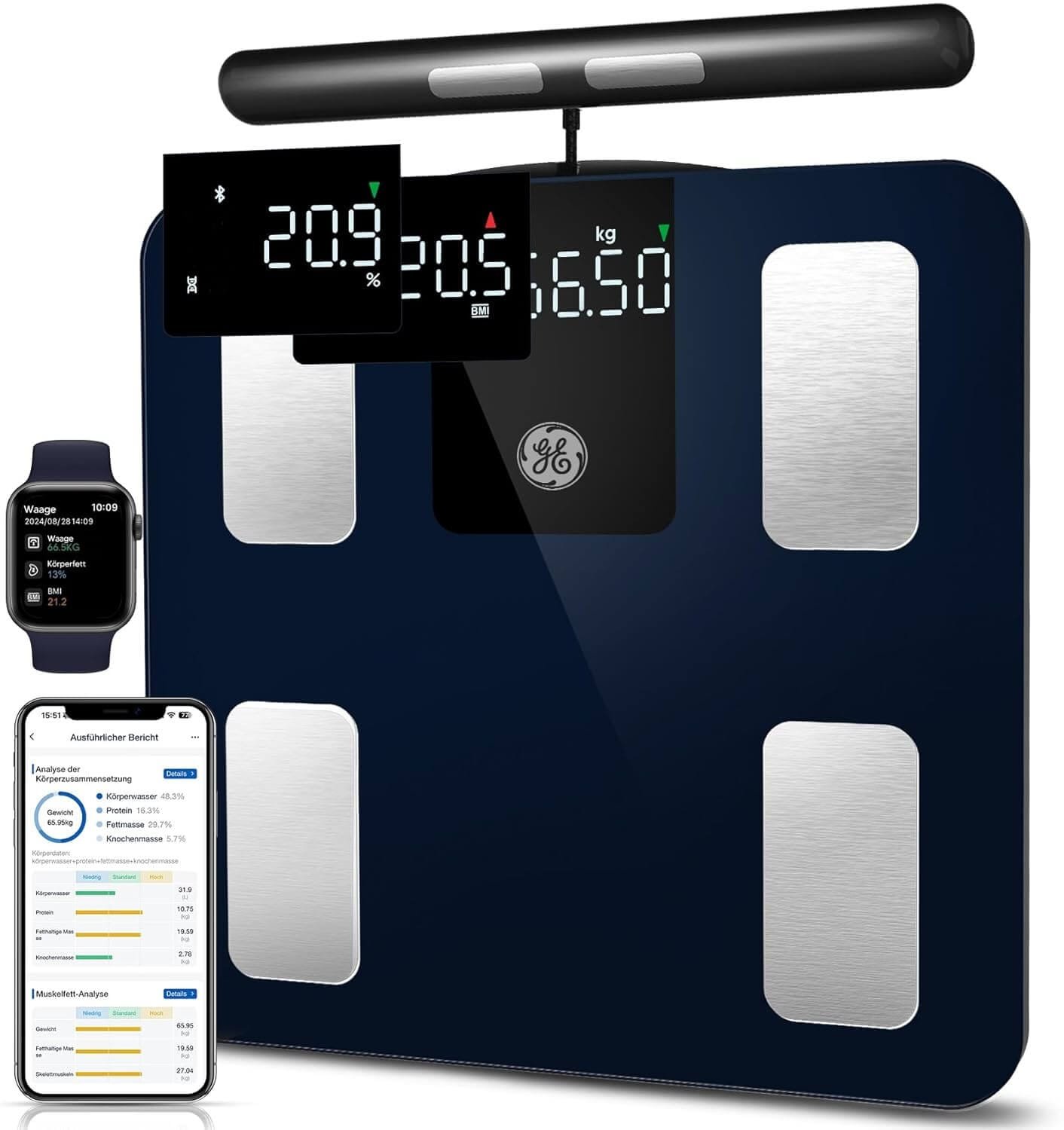 GE Body Fat Scales Smart Scales People: Digital Scales with Body Fat and Muscle Mass 8 Electrodes Body Fat Scales with Hand Sensors BMI Body Weight Muscle Mass Analysis Device 180 kg / 400 lbs