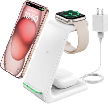 GEEKERA 3 in 1 Wireless Charging Station for Apple, Fast Wireless Charger Stand Dock for iPhone 16 15 14 13 12 11 Pro Max Plus XR XS X, Apple Watch Ultra/9/SE/8/7/6/5/4/3/2, AirPods Pro/4/3/2