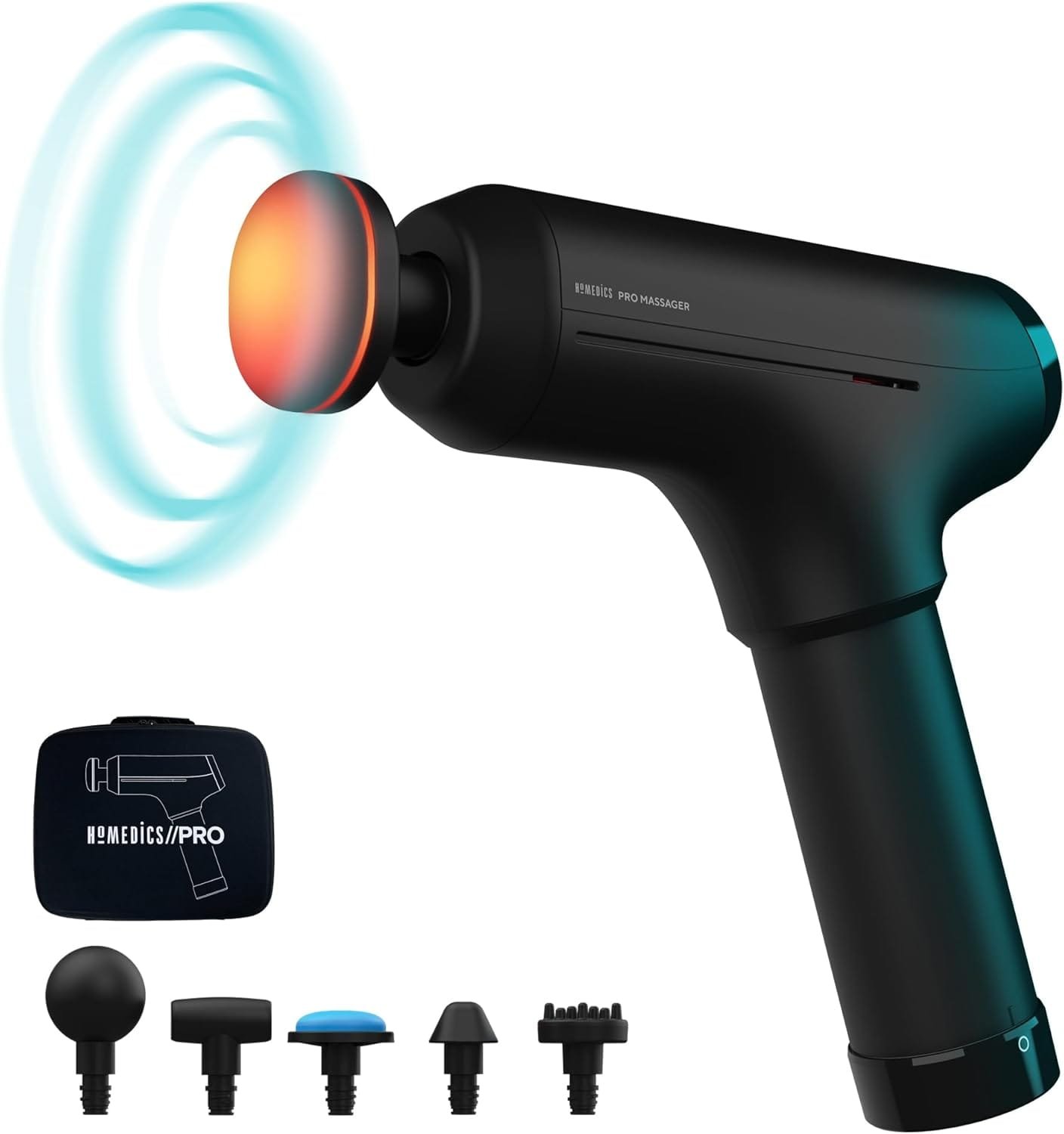 HoMedics Pro Power Handheld Physiotherapy Massager Gun - Professional Deep Tissue Physio Massaging Gun, Heated Head to Aid Relief of Muscle Tension, 6 Massage Heads, Cordless, Rechargeable - Black