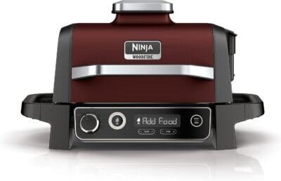 Ninja Woodfire Electric Outdoor BBQ Grill, Smoker and Air Fryer with Pellets and Digital Probe, 5 Skewers, 7 Functions; Grill, Smoke, Air Fry, Roast and more, Red/Black