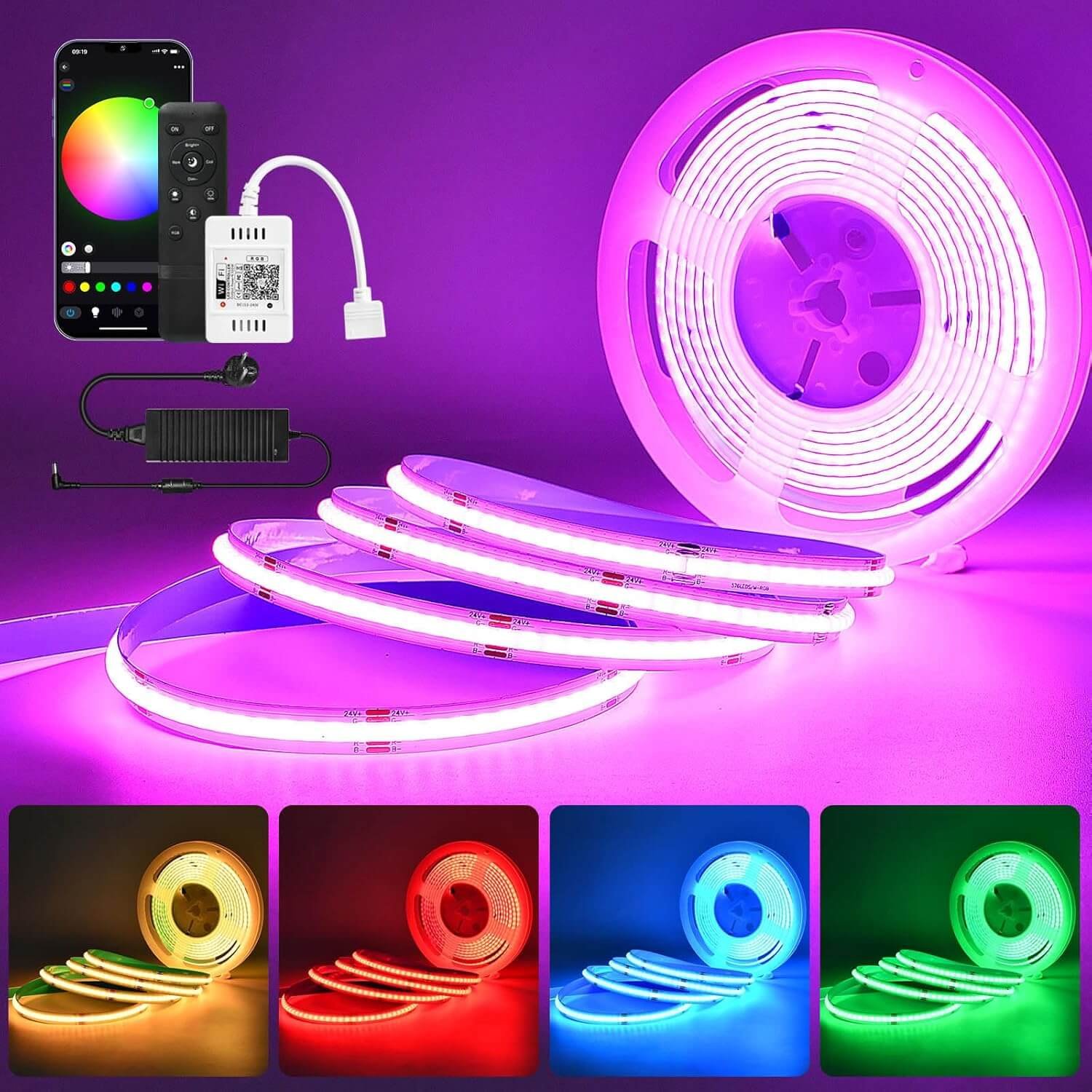 WiFi 10 m Intelligent COB RGB LED Strip Fairy Lights 576LEDs/M 5760LEDs 24V Dimmable LED Strip Light Bar Works with Alexa/Google Home Assistant, Malleable LED Light Set