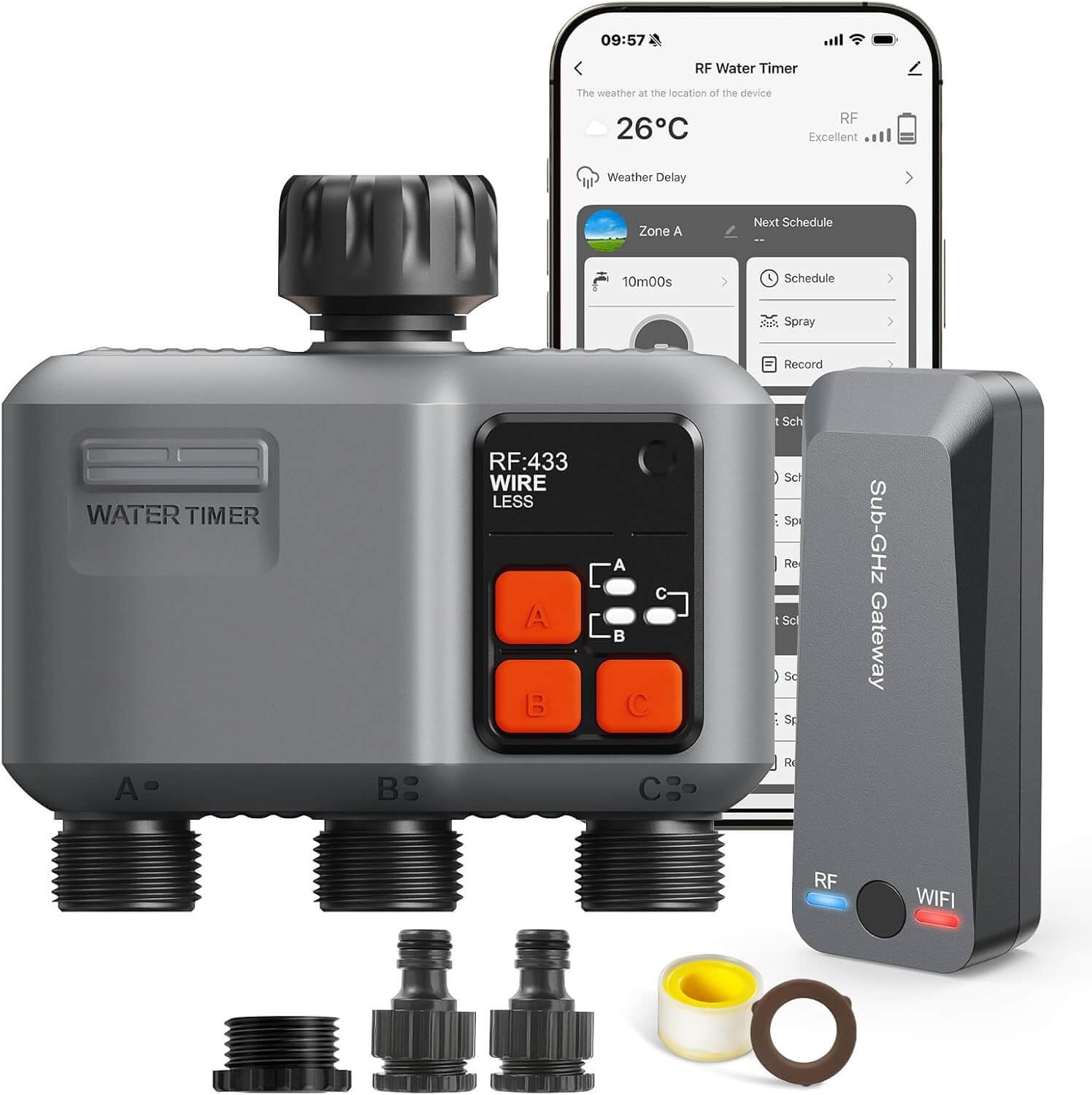 johgee Smart WiFi Water Timer 3 zone for Irrigation with 984 Feet RF Gateway, 3 Outlet Remote Control Sprinkler Hose Timer for Garden Hose, Rain Delay,WiFi Irrigation Sprinkler Controller for Garden