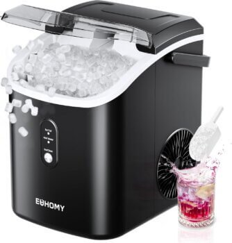 EUHOMY Nugget Ice Maker Countertop with Handle, Ready in 6 Mins, 34lbs Per Day, Removable Top Cover, Auto-Cleaning, Portable Sonic Ice Maker with Basket and Scoop, for Home/Party/RV/Camping