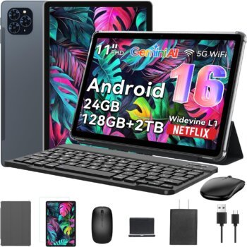 Tablet 2025 World's First Android 16 Tablet with Gemini AI, 11 Inch FHD Display, 24GB RAM 128GB ROM /2TB TF, T7280 CPU+13MP Camera, 8000mAh, Widevine L1, 2 in 1 Tablets with Keyboard Mouse Stylus