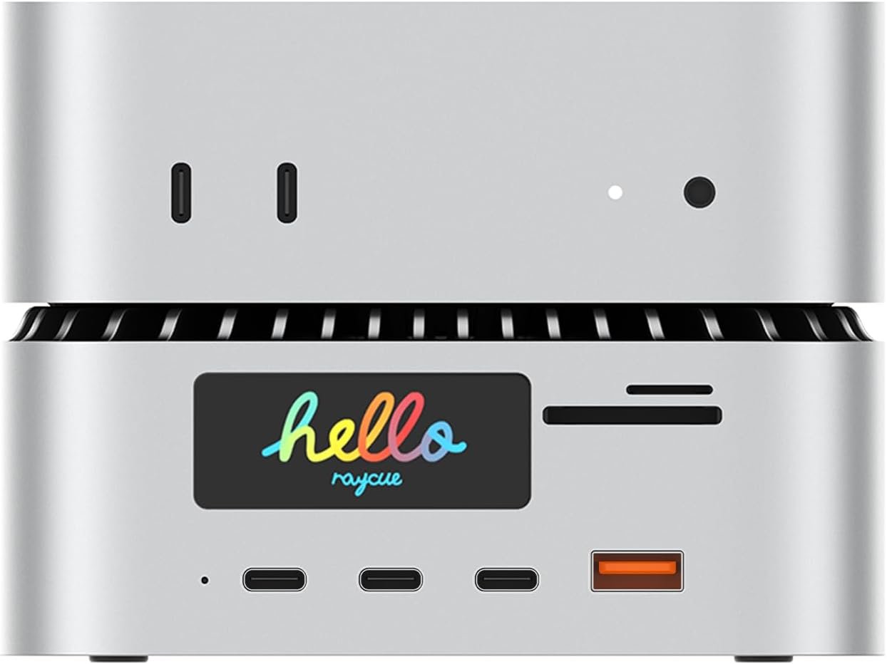 RayCue All-in-One Charger Dock for Mac mini M4, Aluminum Mac mini M4 Dock Hub Stand with 8TB NVMe/SATA SSD Enclosure, 165W Power Delivery, 4K60Hz HDMI, Smart Display, SD/TF 4.0, 10G USB A/C, Audio