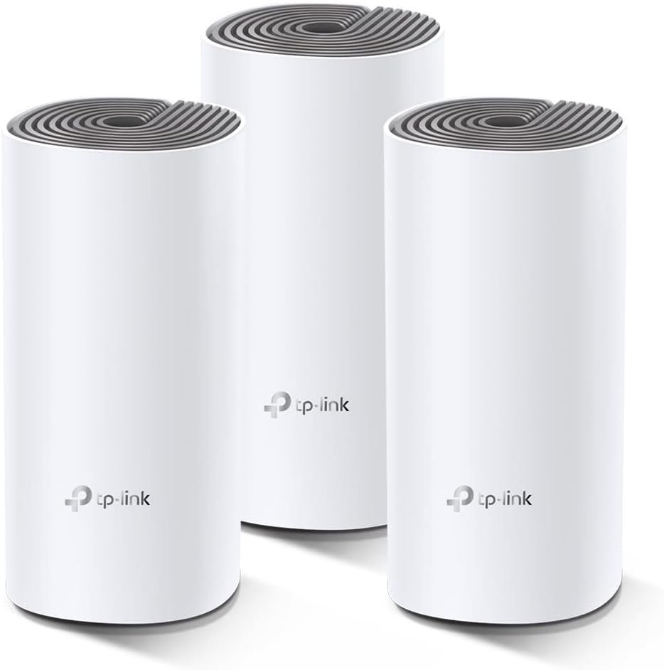 TP-Link Deco E4 Mesh WLAN Set (3 Pack), AC1200 Dual Band Router & Repeater (Range up to 370 m², Ideal for Large Houses with Multiple Devices, 6 x 100 Mbit/s Ports) White
