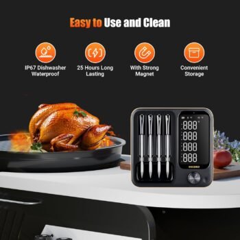 4-Probe WiFi Wireless Meat Thermometer with 360°Readable LCD Standalone Base, WiFi and Bluetooth 5.3 Unlimited Range, IPX8 Waterproof Food Kitchen Thermoemter for BBQ, Grill, Smoker, Oven, Rotisserie