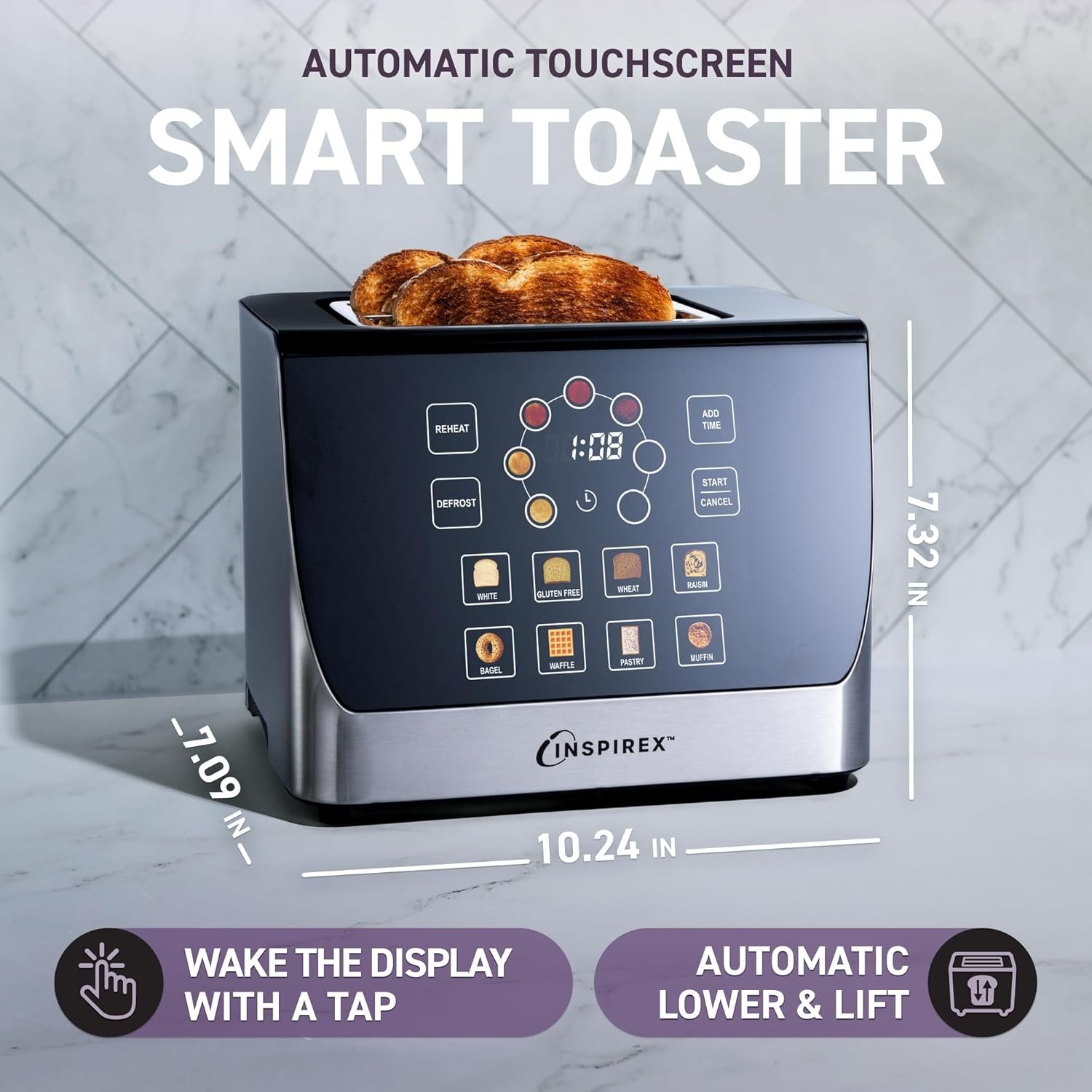 nspirex Touch Screen Display Smart Toaster, 2 Slice with 8 Bread Type and 7 Browning Modes, Automatic Lowering and Raising, Digital Countdown, Modern Style, Stainless Steel