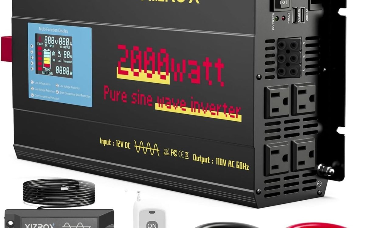 2000W Pure Sine Wave Inverter,12V DC to 110V AC Inverter, 9 Port with 4 AC :2 USB: 2 Type C 60W+45W Fast Charging, LED Display, Wireless:Wired Remote Control for Camping, Outdoor, RV