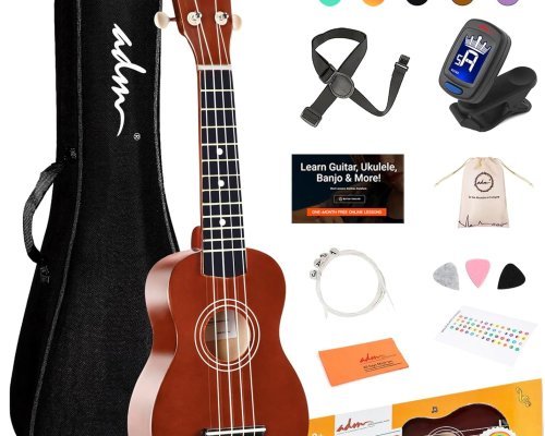ADM Soprano Ukulele for Beginners 21 Inch Hawaiian Wood Ukelele Kit for Kids Adult Student Starter Professional Ukalelee Pack Bundle with Free Lessons Gig Bag Strap Nylon String Tuner Pick
