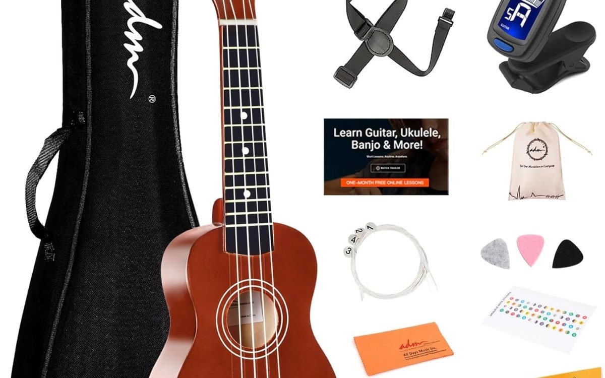 ADM Soprano Ukulele for Beginners 21 Inch Hawaiian Wood Ukelele Kit for Kids Adult Student Starter Professional Ukalelee Pack Bundle with Free Lessons Gig Bag Strap Nylon String Tuner Pick