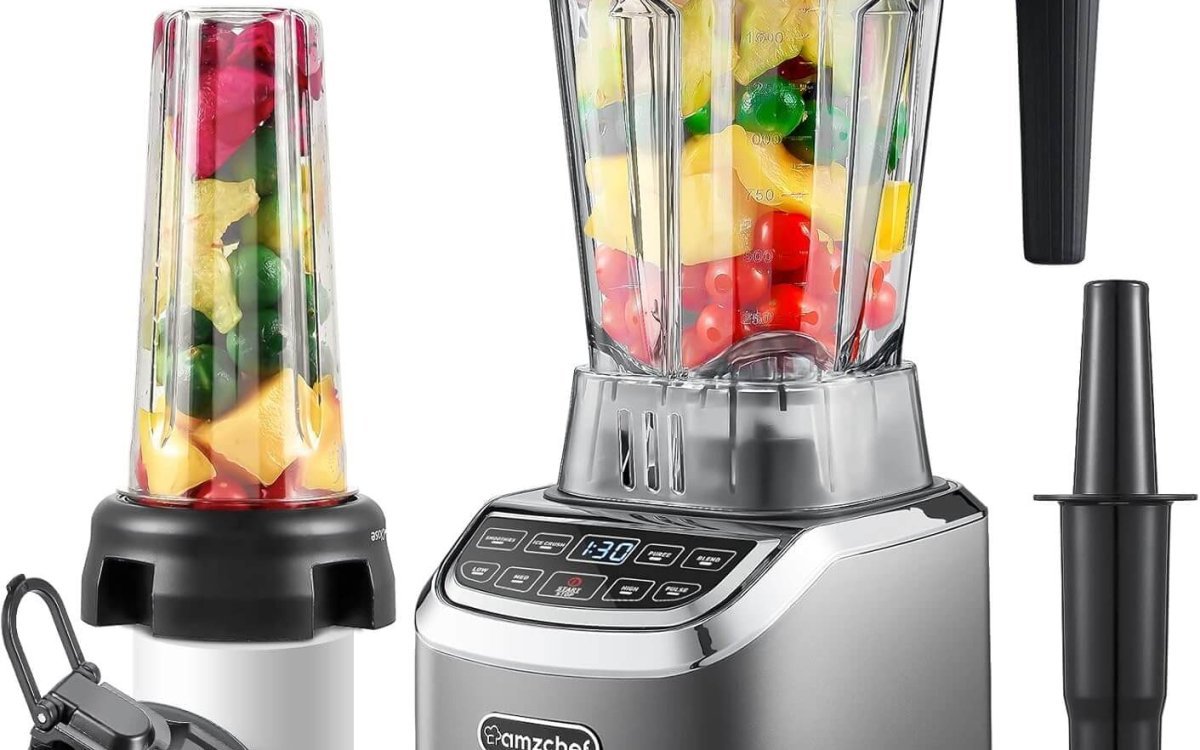 AMZCHEF Blender Smoothie Maker with Two Ways, 2000W Blenders for Kitchen with Smart Panel Control, 3 Speed Control & 4 Preset Settings, 1.8L Jug & 600ml Portable Bottle
