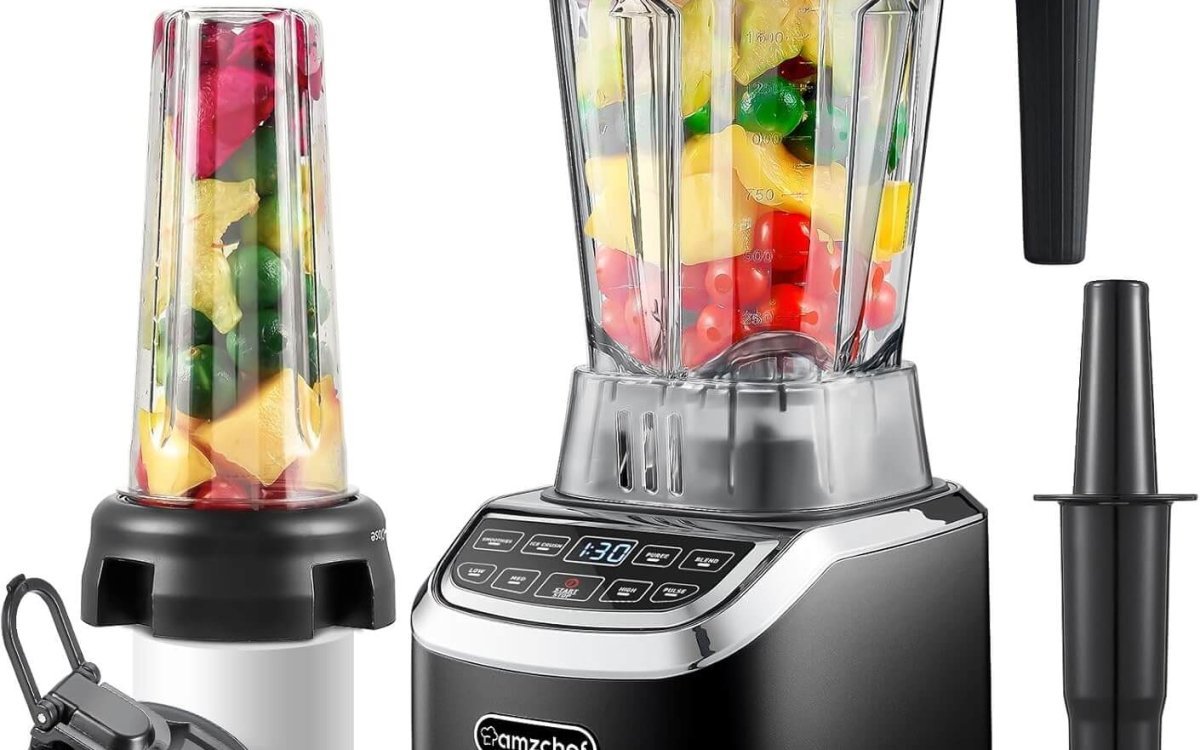 AMZCHEF Blender Smoothie Maker with Two Ways, 2000W Blenders for Kitchen with Smart Panel Control, 3 Speed Control & 4 Preset Settings, 1.8L Jug & 600ml Portable Bottle