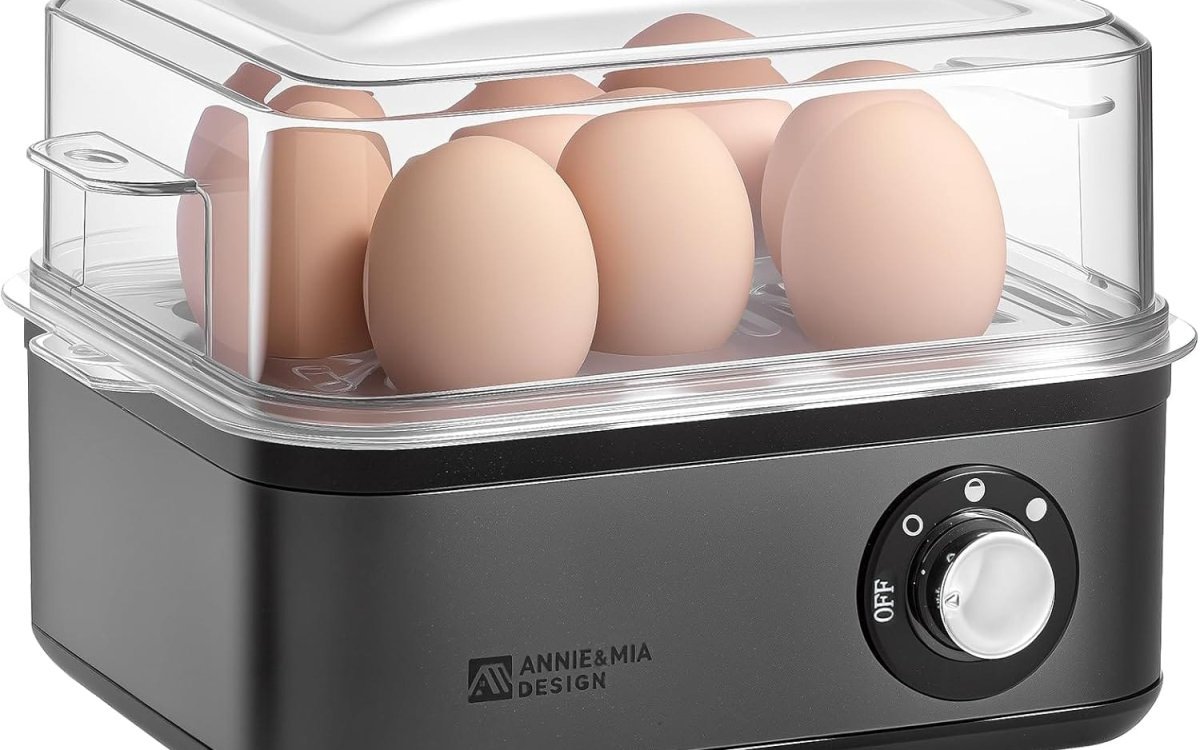 Annie & Mia Design Electric Egg Cooker, Stainless Steel 8 Egg Capacity egg boiler, 500W, Hard, Medium, Soft Boiled Egg Poacher, egg steamer, Multi-function, Knob Controled Auto Shut-Off Function