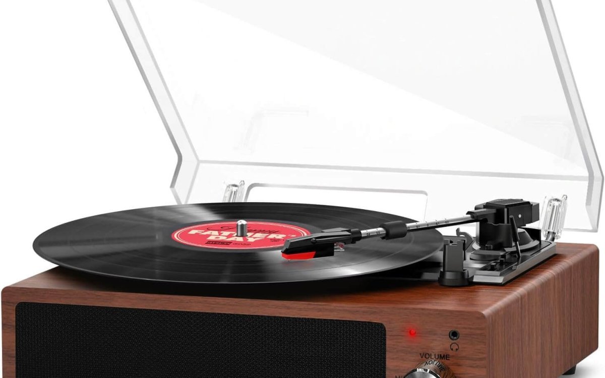 FYDEE Vinyl Record Player, Bluetooth Record Player, Vintage Turntable with Built-in Stereo Speaker and 3-Speed 33/45/78 rpm, RCA Output, AUX Input, Walnut