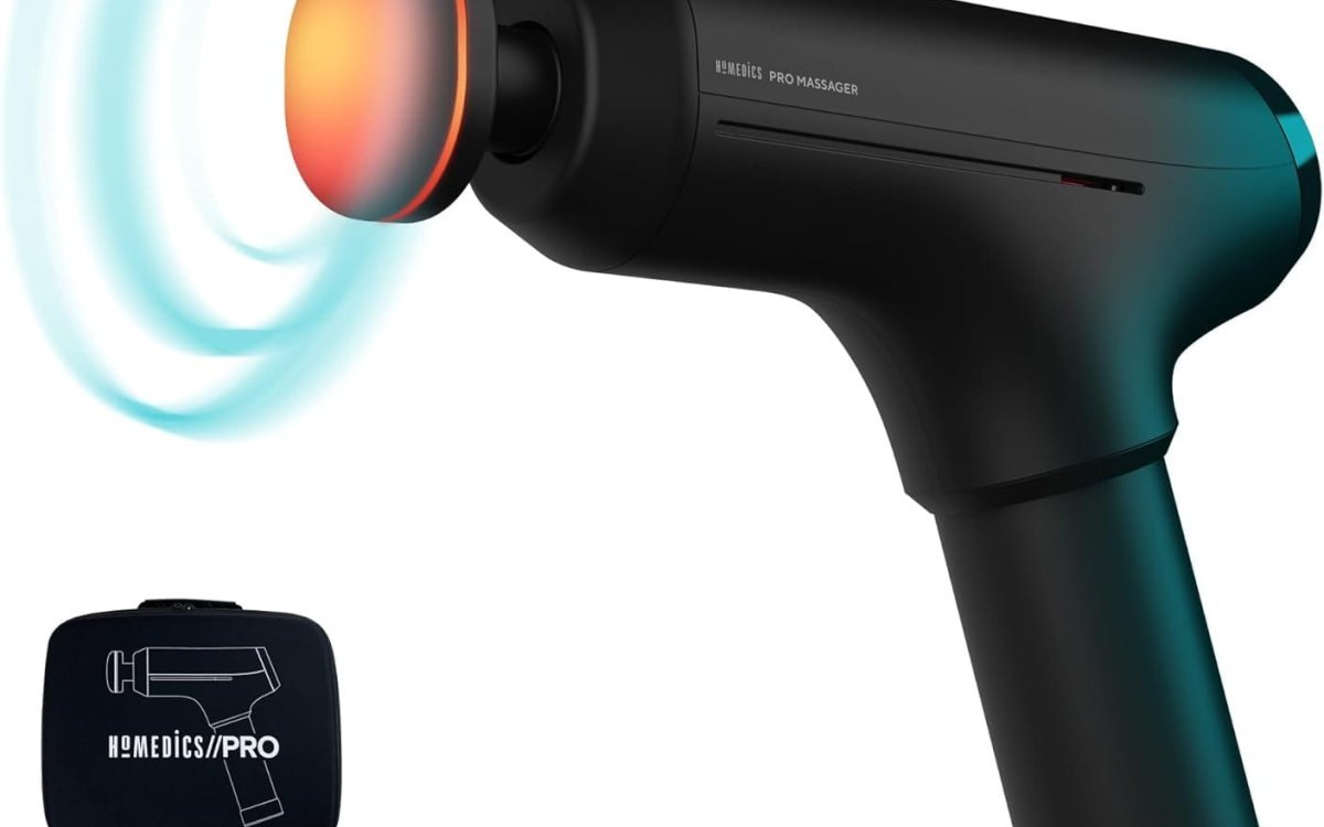 HoMedics Pro Power Handheld Physiotherapy Massager Gun - Professional Deep Tissue Physio Massaging Gun, Heated Head to Aid Relief of Muscle Tension, 6 Massage Heads, Cordless, Rechargeable - Black