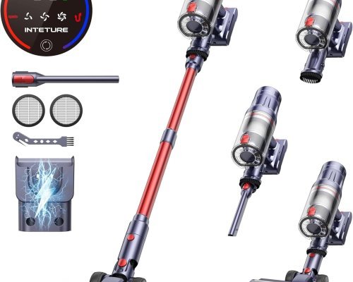 INTETURE Cordless Vacuum Cleaner 550W/45Kpa,60Mins Stick Vacuum Cleaner,Self-standing Upright Vacuum Cleaner with Wall Mount Charging,Touch Screen,Vacuums for Hardwood Floor Carpet Pet Hair