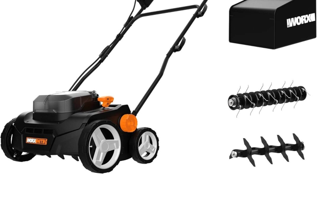 Worx Nitro 40V Cordless 14" Lawn Dethatcher w/ Brushless Motor, 2-in-1 Dethatcher and Scarifier Removes Deep Thatch, Dethatcher Cordless Tool to Improve Grass Health - 2 Batteries & Charger Included
