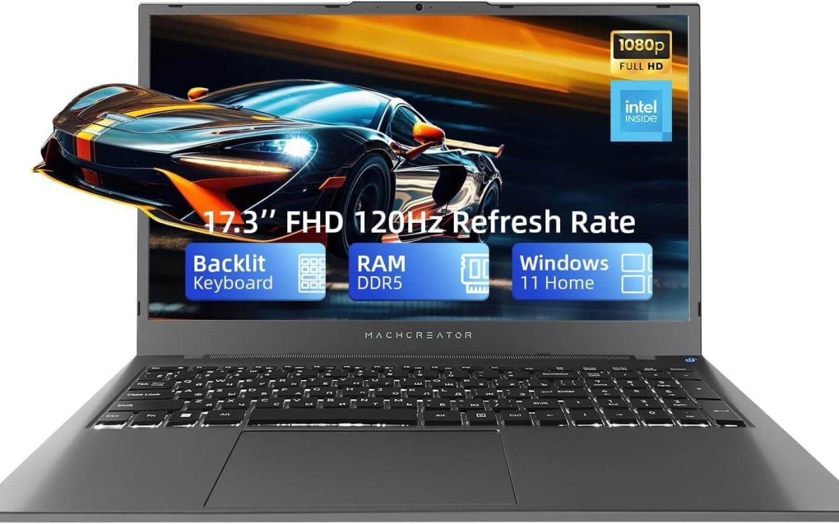 Machenike Machcreator N17A Laptop, 17.3" FHD 120Hz, 4-Cores Intel Processor, 16GB DDR5 RAM, 1TB SSD, Backlit Keyboard, SD Card Reader, HDMI, Webcam, Wi-Fi, Windows 11 Home
