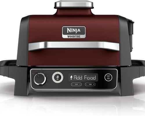 Ninja Woodfire Electric Outdoor BBQ Grill, Smoker and Air Fryer with Pellets and Digital Probe, 5 Skewers, 7 Functions; Grill, Smoke, Air Fry, Roast and more, Red/Black
