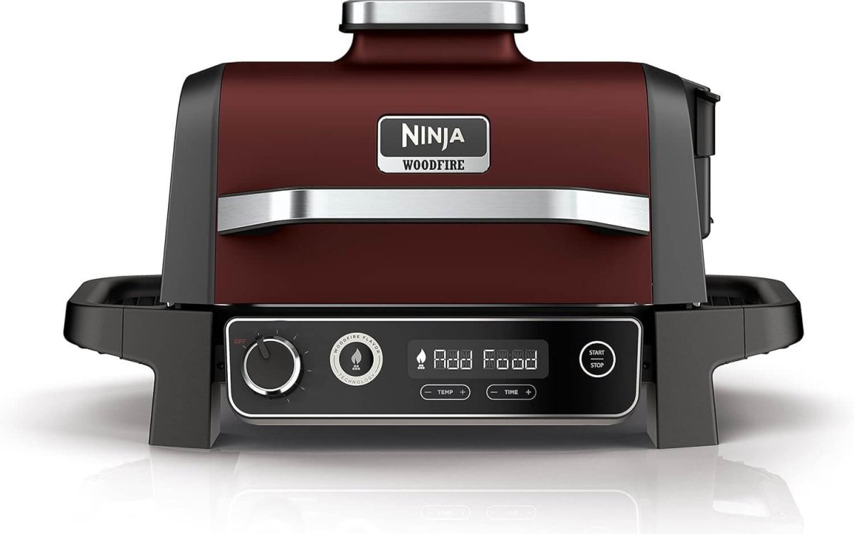 Ninja Woodfire Electric Outdoor BBQ Grill, Smoker and Air Fryer with Pellets and Digital Probe, 5 Skewers, 7 Functions; Grill, Smoke, Air Fry, Roast and more, Red/Black