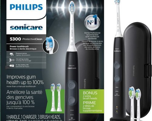 Philips Sonicare ProtectiveClean 5300 Rechargeable Electric Toothbrush, with Pressure Sensor, 3 Cleaning Modes, SmarTimer and QuadPacer, with 2 Bonus Brush Heads, Travel Case